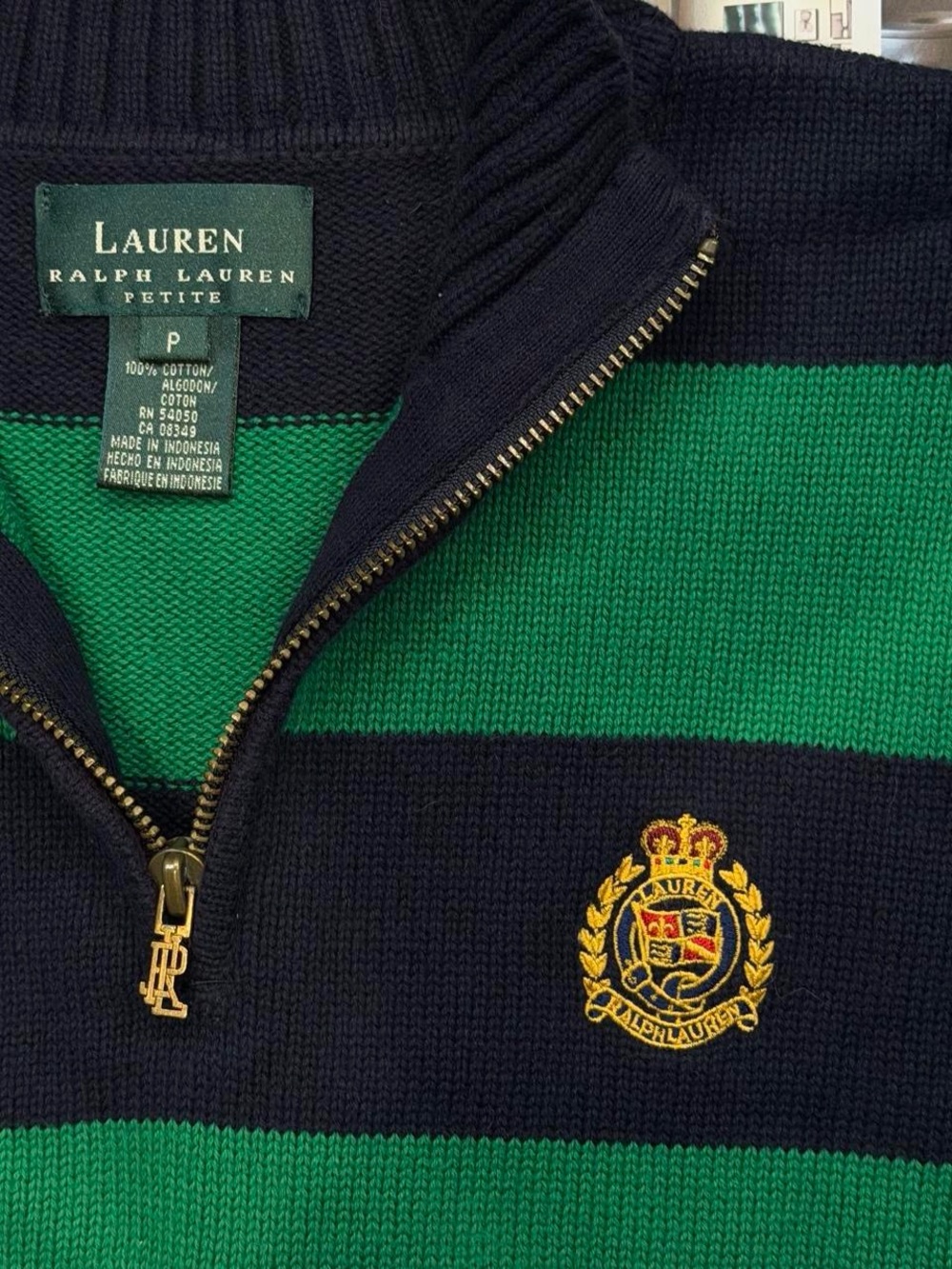 Ralph Lauren classic green& navy striped quarter zip knit sweater size P - Picture 2 of 5